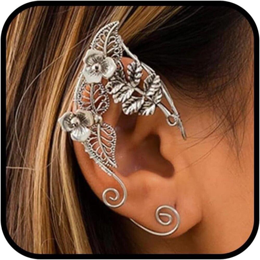 Elf Ear Cuffs for Women Silver Elf Costume Fairy Earrings Cuff Wrap Clip on Goth